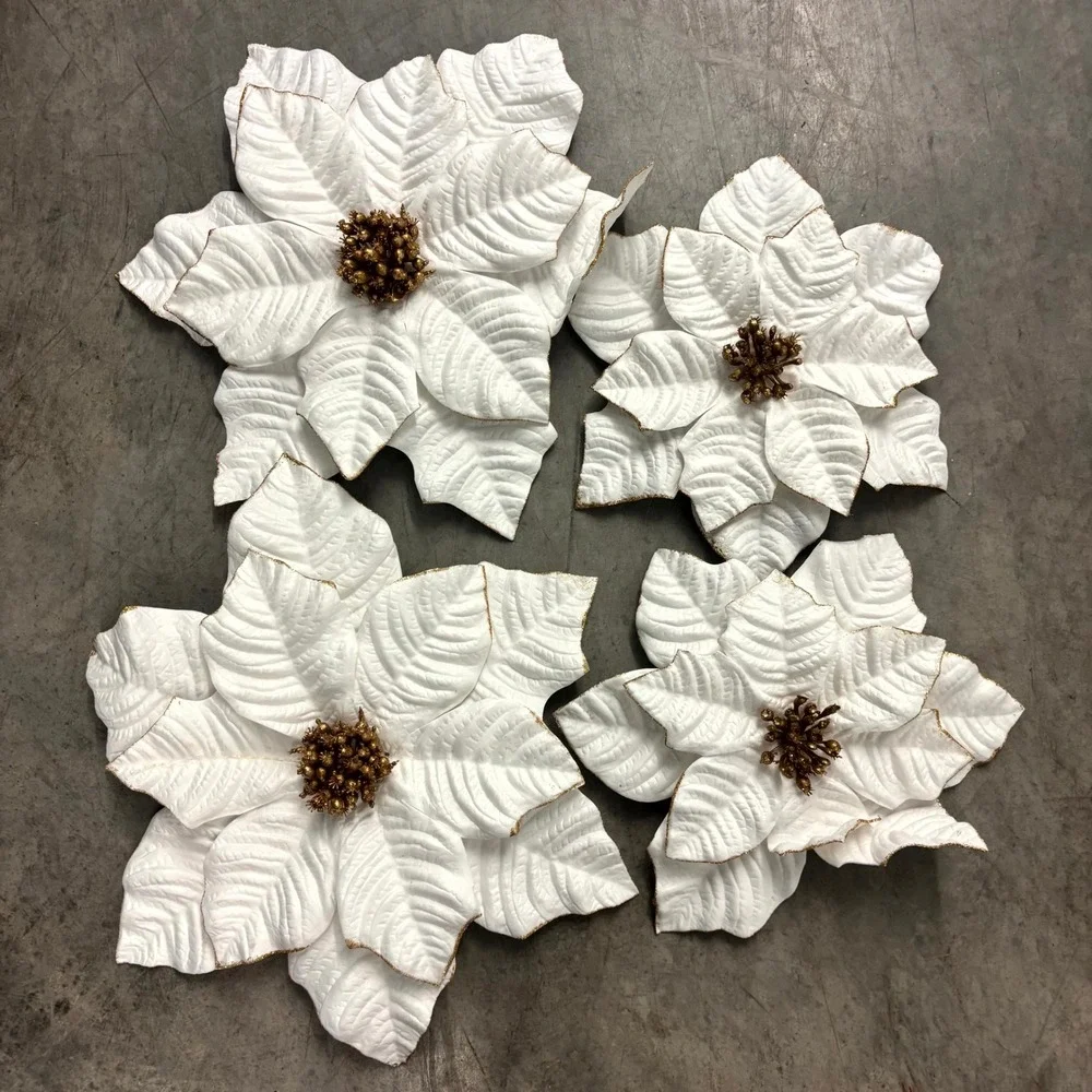 White Gold Poinsettia Christmas Ornaments Magnets Set of 4 Holiday Floral Decor
